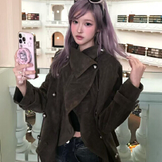 批发枯木棕美拉德色系高冷宽松不规则外套女秋季翻领设计休闲夹克上衣