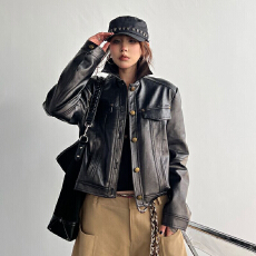 批发黑色美式复古pu皮外套女春秋新款高级感气质宽松机车皮夹克皮衣