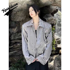 批发美式液态设计高级感金属夹克女短款翻领小众上衣美式复古外套春秋