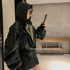 批发欧阳双面穿pu皮连帽外套女2026年冬季新款加厚复古短款夹克上衣潮