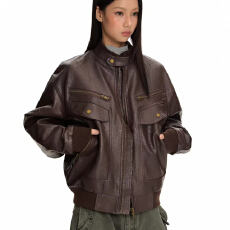 批发2026复古通勤肌理纹高级感皮衣夹克女多口袋廓形机车服休闲外套