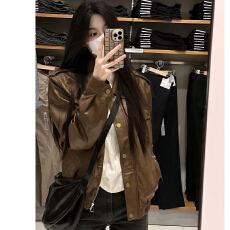 批发复古港风chic棕色皮衣外套女秋冬美拉德穿搭高级感机车服夹克上衣