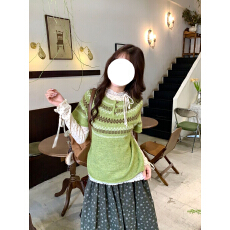 批发早秋新款韩系费尔岛圆领修身提花绿色针织短袖上衣毛衣<b class='q'>马甲</b>女潮