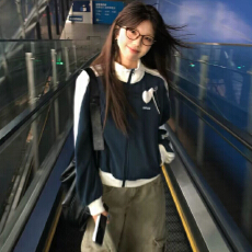 批发撞色立领华夫格外套女早秋2026新款短款小个子条纹宽松<b class='q'>夹克</b>上衣潮