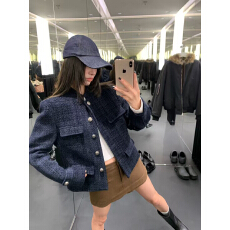 批发法式复古粗花呢短款外套显瘦百搭秋<b class='q'>冬</b>宝蓝色显瘦百搭小香风上衣