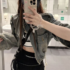 美式辣妹复古抽绳短款牛仔上衣网红新款机车爆款秋季牛仔外套