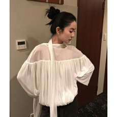 批发设计感网纱拼接飘带<b class='q'>衬衫</b>秋季法式气质收腰显瘦上衣温柔飘逸<b class='q'>雪纺</b><b class='q'>衫</b>