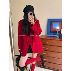 批发秋冬新款圣诞节穿搭红色蝴蝶结毛呢外套气质波点短裙两件套