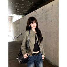 批发复古军绿色牛仔外套女显瘦百搭<b class='q'>街头</b>风小众炸街时尚立领夹克上衣潮