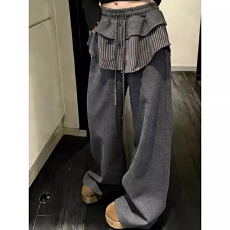 批发韩系高腰假两件条纹荷叶边阔腿裤<b class='q'>女</b>秋冬新款加绒加厚宽松休闲<b class='q'>长裤</b>