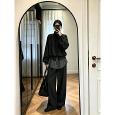 批发爆款韩系慵懒风半拉链<b class='q'>套装</b>女拼接假两件阔腿裤大码显瘦<b class='q'>休闲</b>两件套