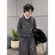 批发欧货网纱拼接褶皱花边单排扣长袖<b class='q'>开衫</b>女秋冬新款百搭洋气短款上衣