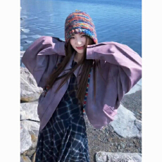 批发韩系早秋新款爆款小个子短款翻领机车服紫色PU皮夹克外套女<b class='q'>春秋</b>款