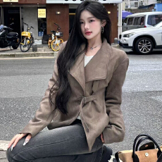 批发美式复古机车辣妹风麂皮绒夹克上衣女2025春季新款修身显瘦短外套