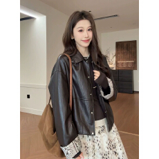 批发设计感复古撞色拼接显瘦皮衣外套女<b class='q'>春</b>秋款2026新款潮流PU皮夹克女