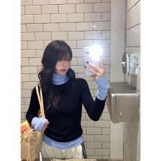 批发假两件撞色韩系高领长袖T恤衫<b class='q'>女</b>秋冬打底衫内搭修身显瘦叠穿上衣