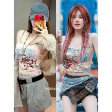 批发王等等曼谷<b class='q'>街头</b>印花网纱面料长袖外衫吊带背心套装