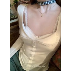 批发白水女 奶芙花边套组 翻领长袖T恤女初秋蕾丝吊带高级感纯欲上衣