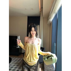 批发Wuu2sweet吴太甜 天丝羊毛一字肩抽褶串珠长袖t恤女修身显瘦上衣
