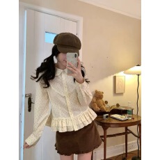 批发PtonUmi波点恋曲 娃娃领花边波点<b class='q'>衬衫</b>女秋设计感收腰显瘦长袖上衣