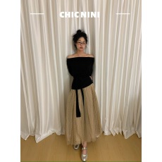 批发chic nini法式<b class='q'>欧根纱</b>波点半身裙女纱裙秋季一字肩上衣+网纱裙<b class='q'>套装</b>