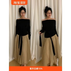 批发法式<b class='q'>欧根纱</b>波点半身裙女纱裙秋季一字肩上衣+网纱裙<b class='q'>套装</b>