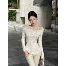 粉红PINK丨“高知御姐”ins风气质一字领修身蕾丝上衣FH25D4T3571