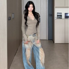 批发WITHMIN 修身长袖t恤女秋冬新款<b class='q'>显瘦</b>纯欲性感内搭打底衫女上衣服