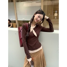 红人馆内搭打底衫女2025新款秋冬长袖t恤假两件美式咖色修身上衣