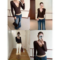 批发Xzichic乐基尔同款天丝羊毛港风<b class='q'>长袖</b>T恤叠穿假两件V领<b class='q'>打底衫</b>上衣