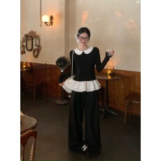 批发宋正恩黑色娃娃领内搭<b class='q'>打底衫</b>女秋冬新款花边修身辣妹<b class='q'>长袖</b>t恤上衣