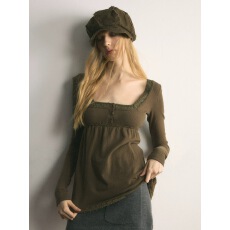 批发杂食universe 复古恋物 古早暗纹针织方领森系修身柔软长袖T恤女