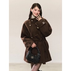 批发高级感立领羊毛呢外套女2025冬季复古棕色羽绒服内胆<b class='q'>羊绒</b>呢子<b class='q'>大衣</b>