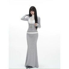 批发下周六加厚灰色裙子假两件长袖高领上衣鱼尾半身裙套装女秋冬