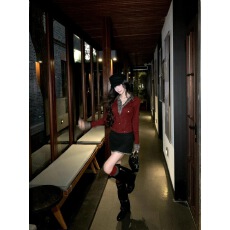 批发Barb Chill红色圣诞针织衫女冬季学院风假两件格纹拼接上衣<b class='q'>包臀裙</b>