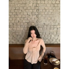 批发sheepland氛围之神 U领褶皱羊毛长袖t恤女秋冬收腰显瘦打底衫上衣