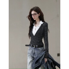 批发Bulletnini微透polo领天丝羊毛修身显瘦条纹假两件高智长袖打底女