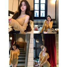 批发OYFF凡凡糯叽叽水貂绒喇叭袖排扣针织开衫女系带吊带<b class='q'>背心</b><b class='q'>套</b>装