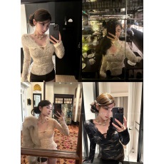 批发FuunJ独宠预谋收腰设计感显瘦蝴蝶结V领蕾丝打底衫女纯欲内搭上衣