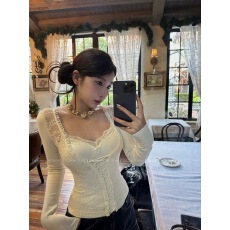 批发FuunJ 娇娇雪穗 收腰绑带蝴蝶结带胸垫蕾丝打底衫女内搭纯欲上衣