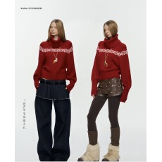 批发10AMsotiiiiired费尔岛30%羊毛可拆卸脖套高领宽松提花红色毛衣