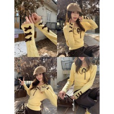 批发宋正恩鹅黄软糯针织衫女冬季新款修身蝴蝶结设计感内搭毛衣小上衣