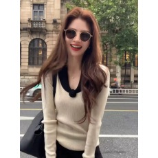 批发法式Rose玫瑰羊绒衫女毛衣内搭秋冬新款设计感V领针织打底衫上衣