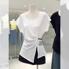 批发实拍2026夏季新款圆领洋气修身T恤短袖薄款洋气皮带上衣不规则