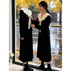 批发秋冬新款大码打底衫娃娃领黑色蝴蝶结孕妈妈显瘦内搭针织连衣裙