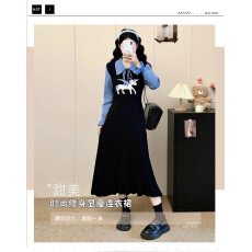 批发韩版撞色翻领刺绣假两件秋冬打底衫微胖孕妈妈显瘦内搭针织连衣裙