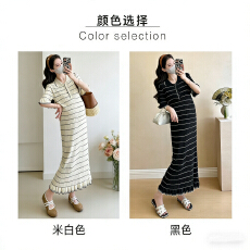 批发2026夏季撞色新款<b class='q'>条纹</b>polo领法式短袖中长款针织显瘦包臀连衣裙