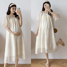 批发孕妇裙子夏装法式复古钩花刺绣过膝长裙宽松潮妈裙夏季孕妇<b class='q'>连衣裙</b>