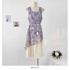 批发韩版氛围感拼接假两件提花背心<b class='q'>连衣裙</b>女夏季不规则收腰系带大摆裙