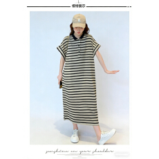批发韩版休闲条纹翻领领连衣裙夏慵懒风针织<b class='q'>百搭</b>大版胖mm显瘦T恤长裙